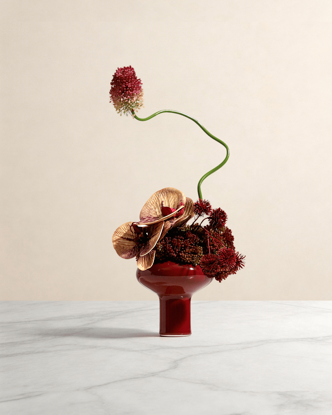 Orchid Artificial Flowers with Ceramic Red Vase