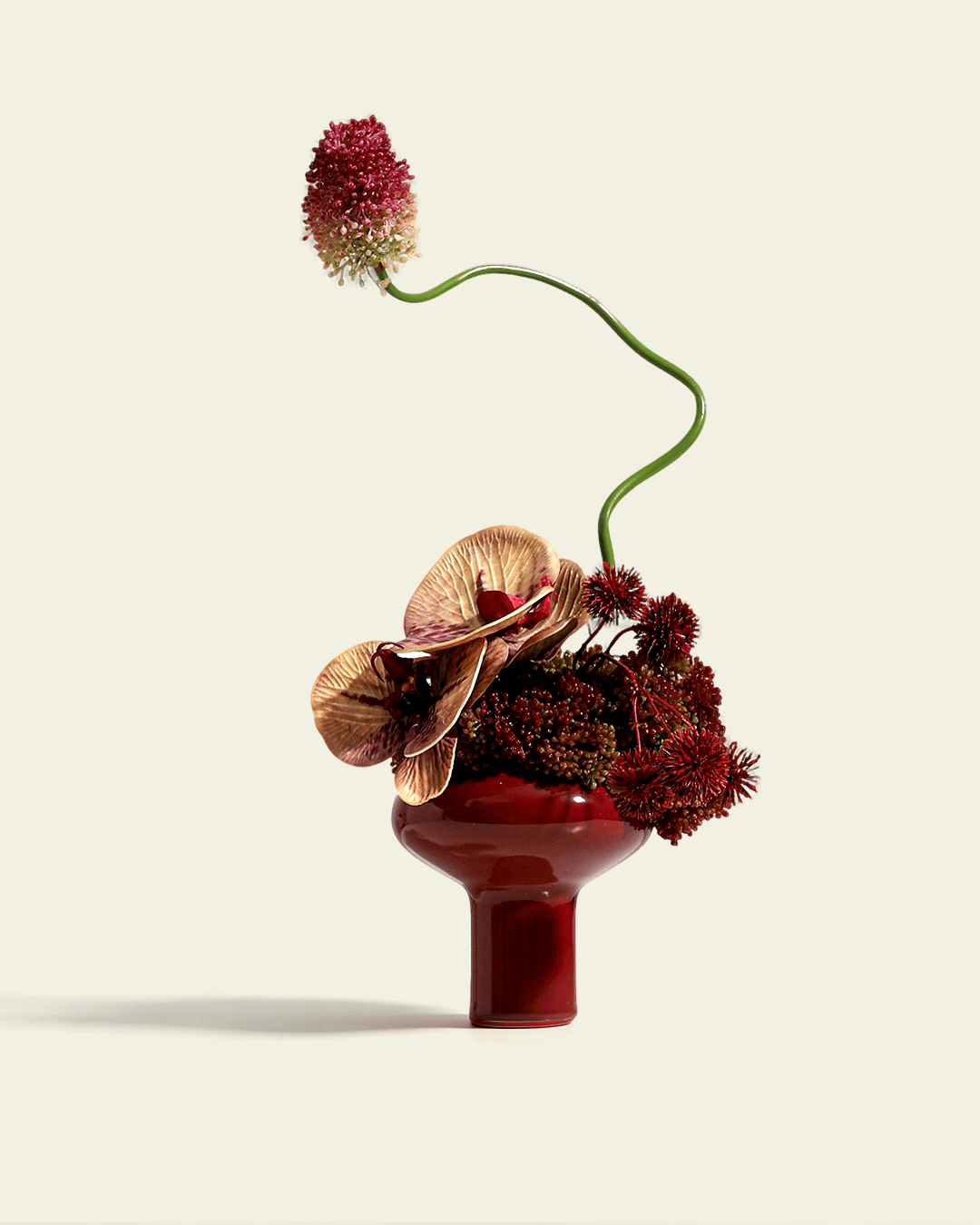 Orchid Artificial Flowers with Ceramic Red Vase