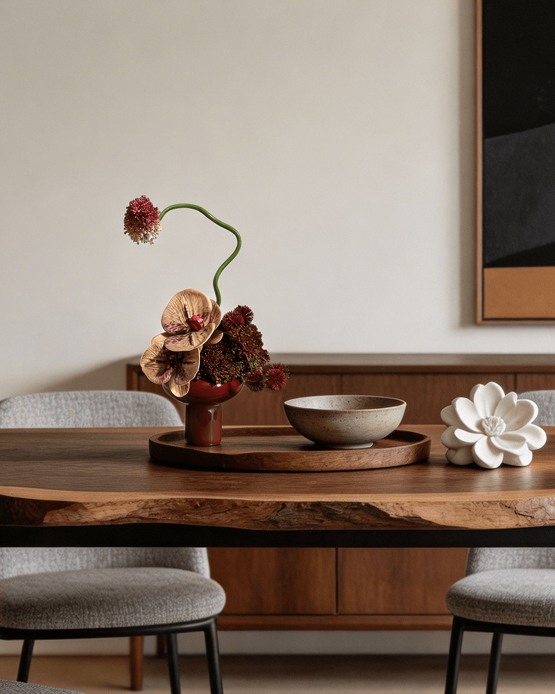 Orchid Artificial Flowers with Ceramic Red Vase