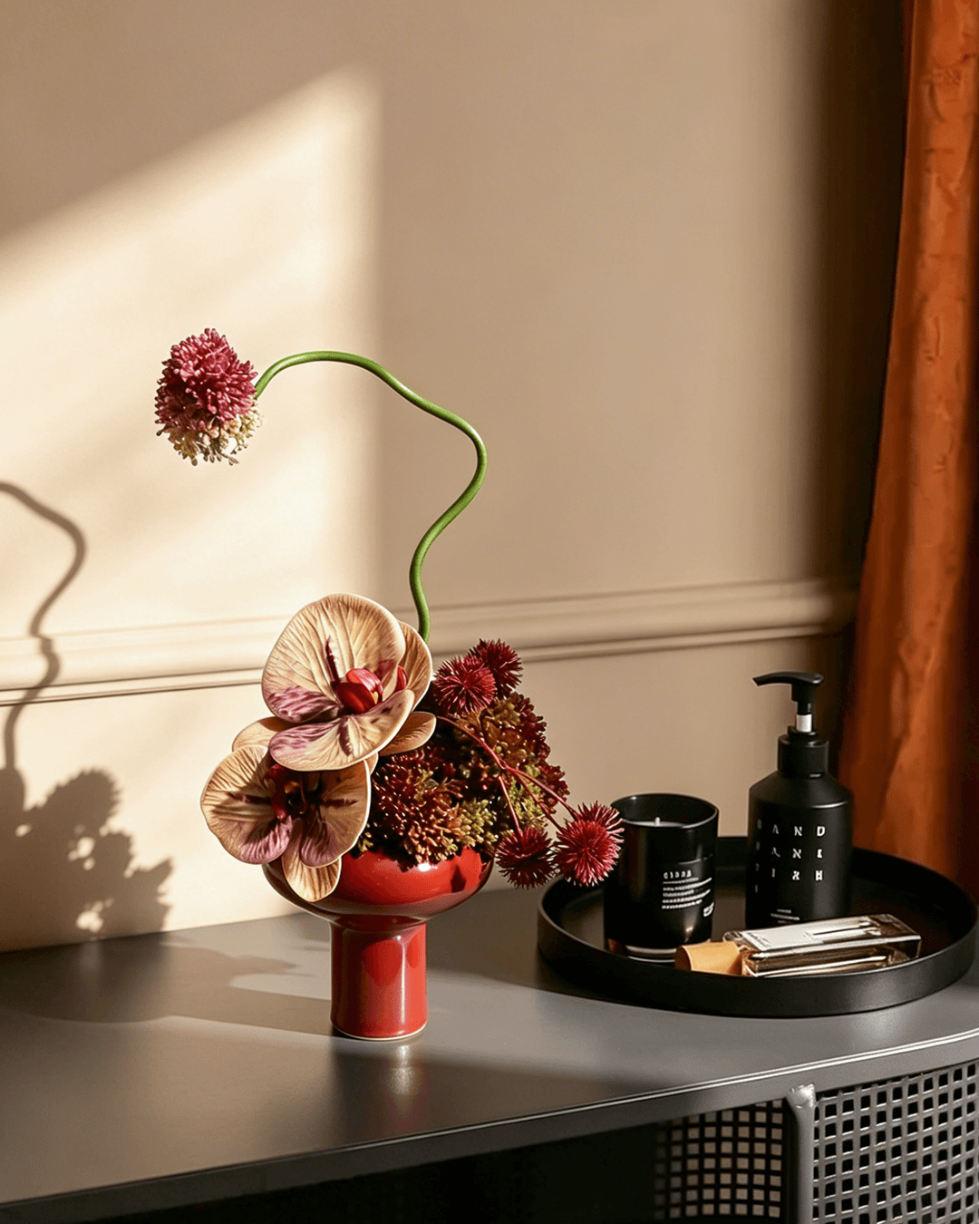 Orchid Artificial Flowers with Ceramic Red Vase