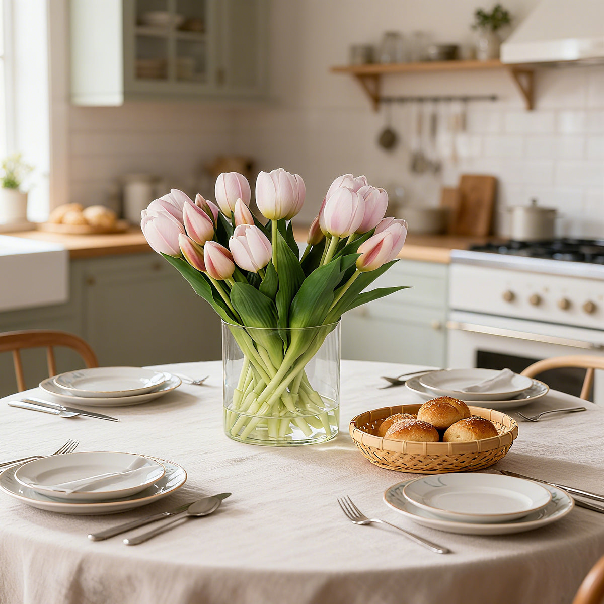 22 Stems Silk Tulip Arrangement in Vase with Faux Water