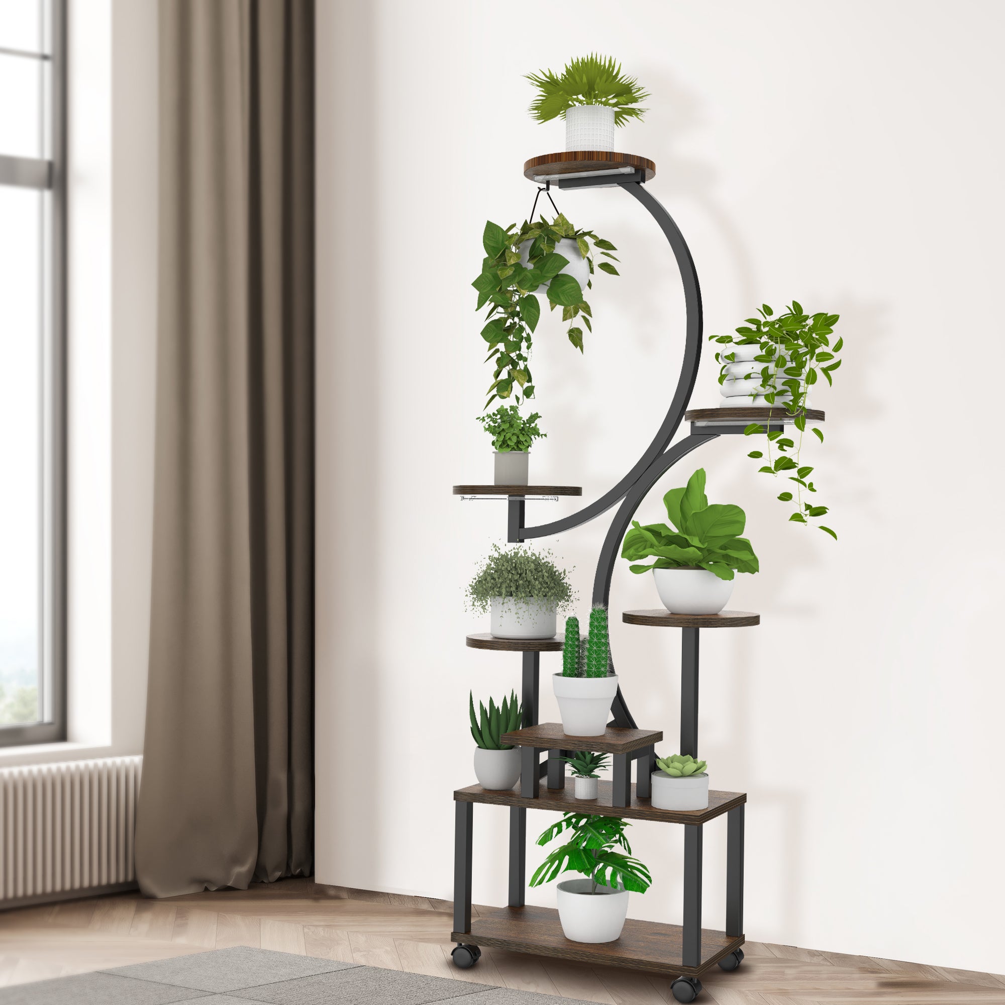 8-Tier Rolling Corner Plant Stand with Grow Light