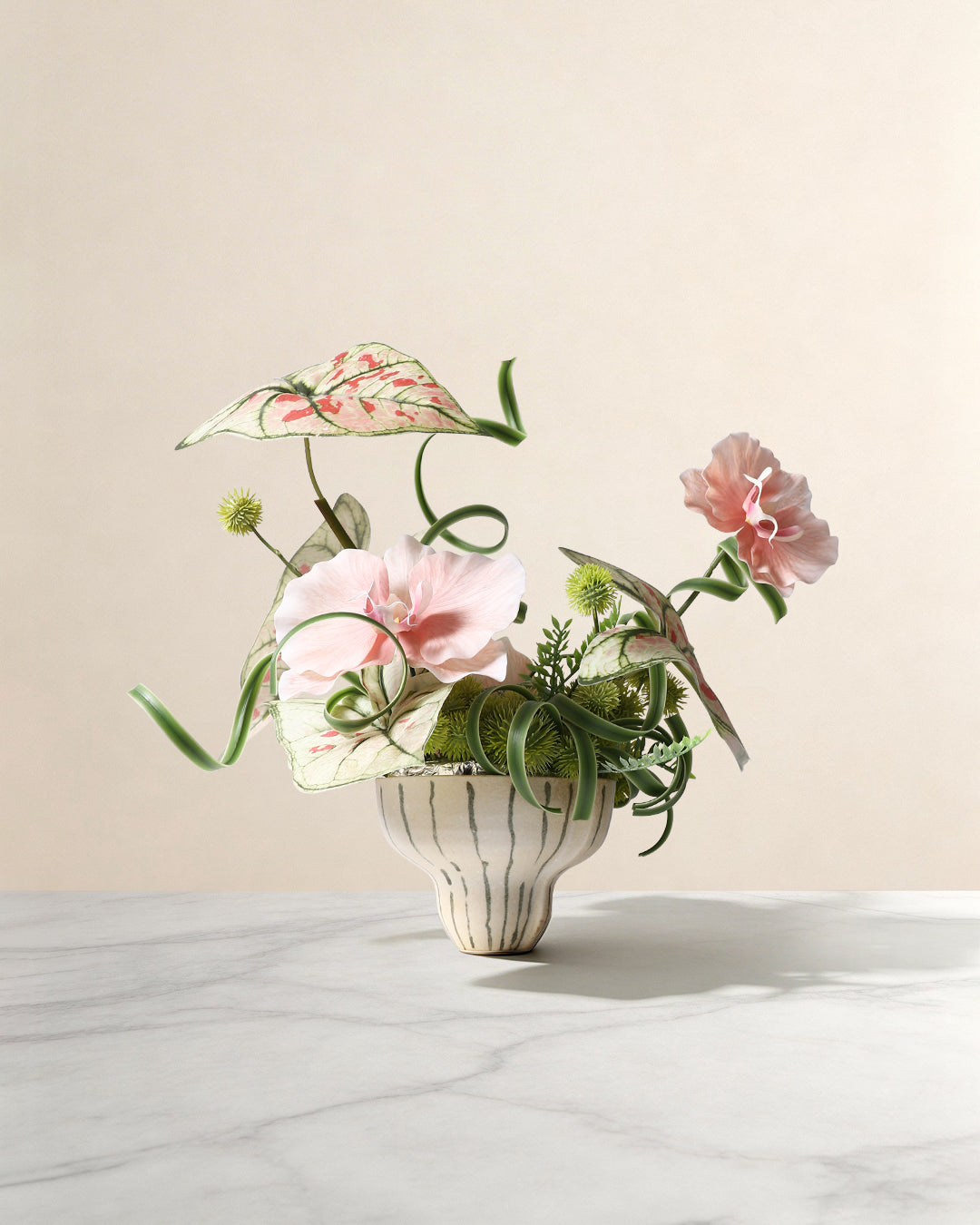 Artificial Flower Set - Striped Ceramic Vase