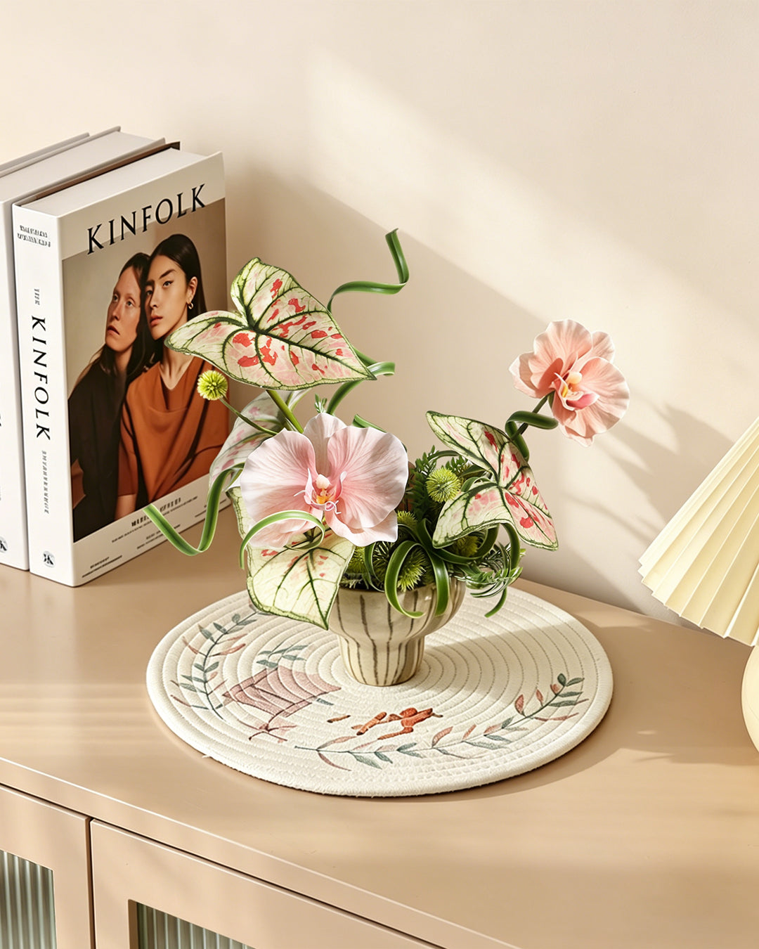 Artificial Flower Set - Striped Ceramic Vase