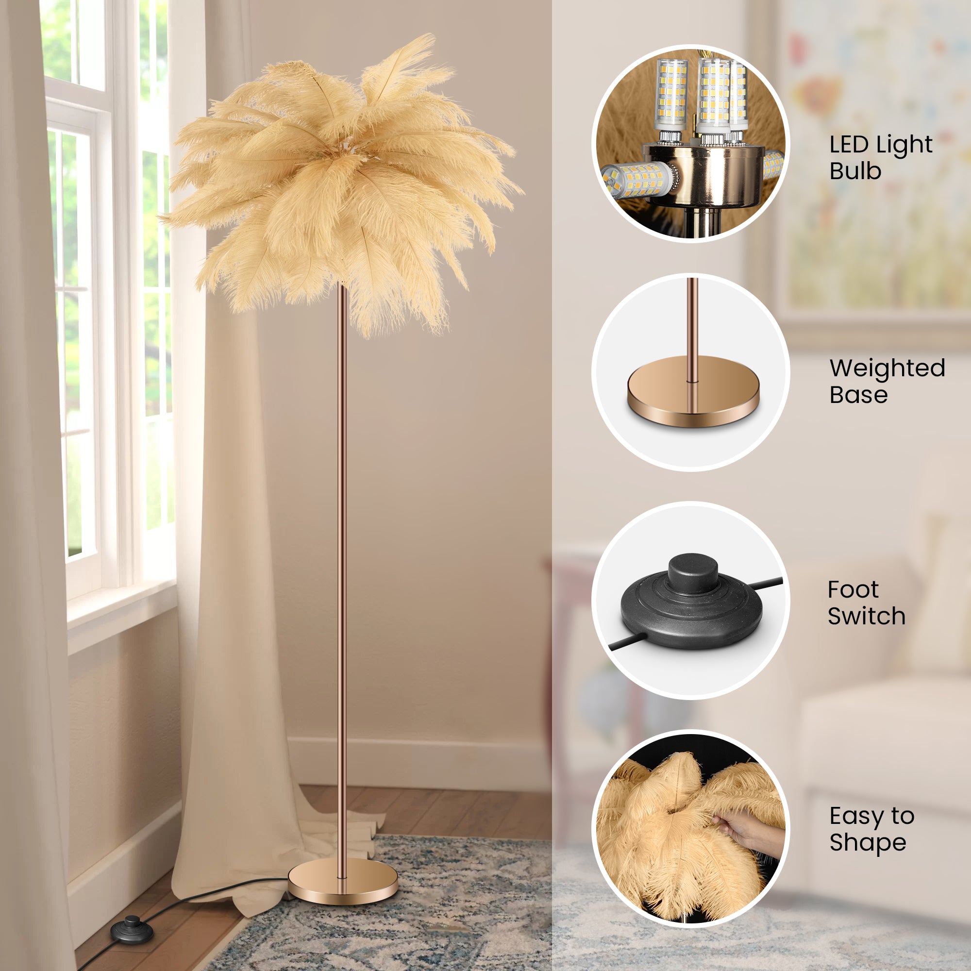 Feather Floor Lamp with 3-Color Cozy Lighting