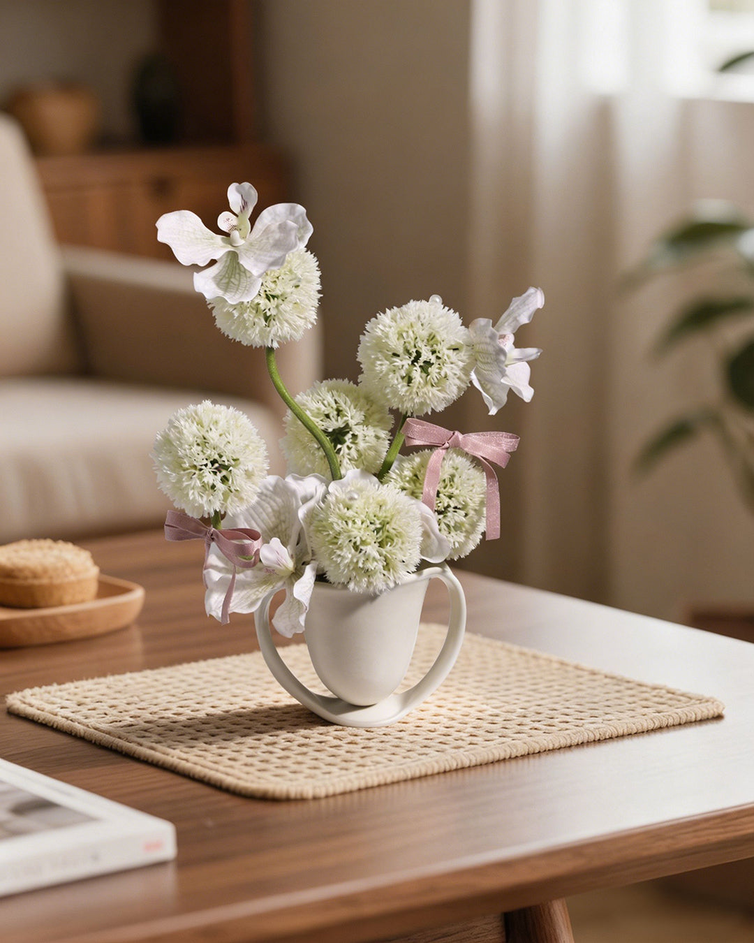 Realistic Faux Floral Arrangement with Ceramic Vase