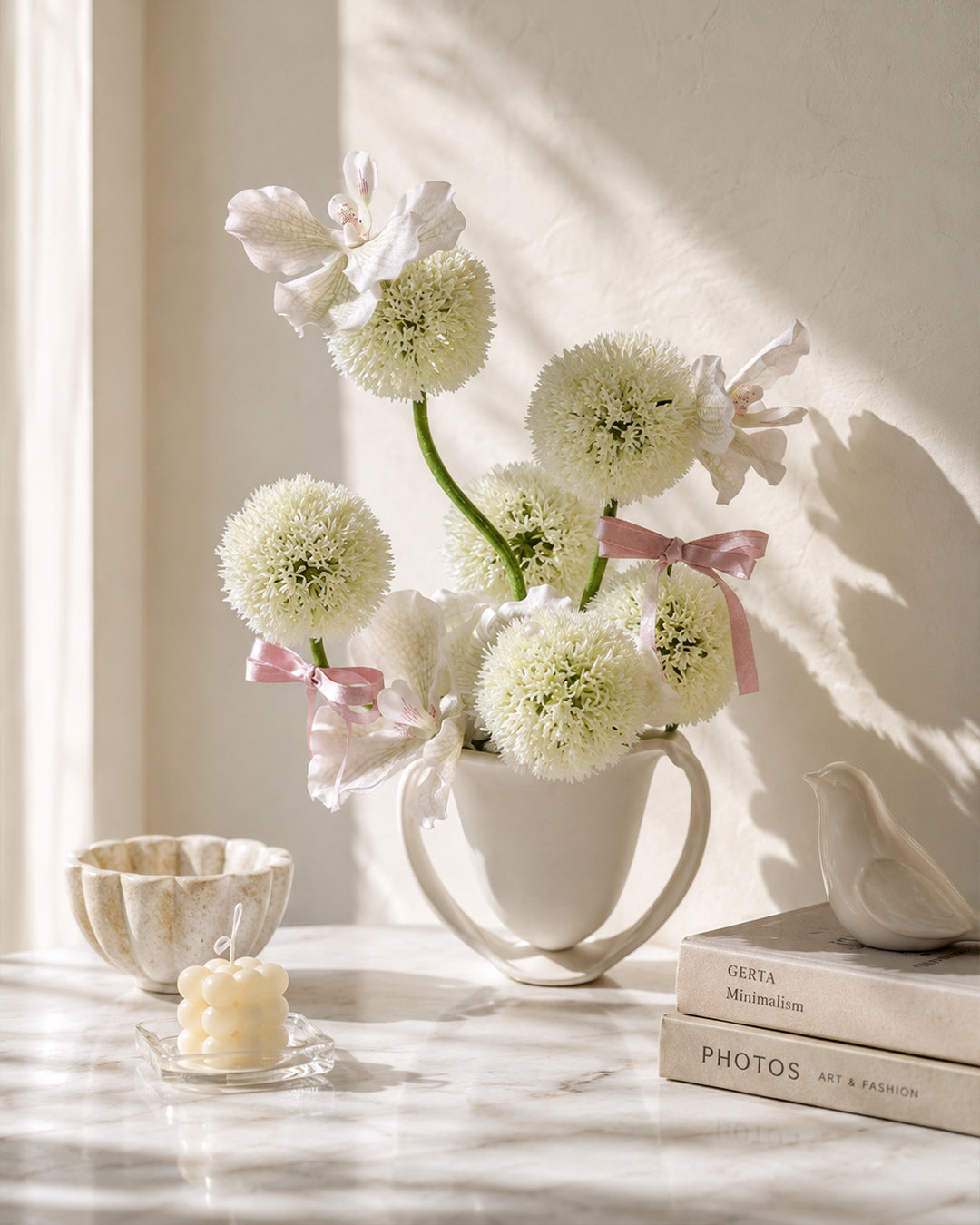 Realistic Faux Floral Arrangement with Ceramic Vase